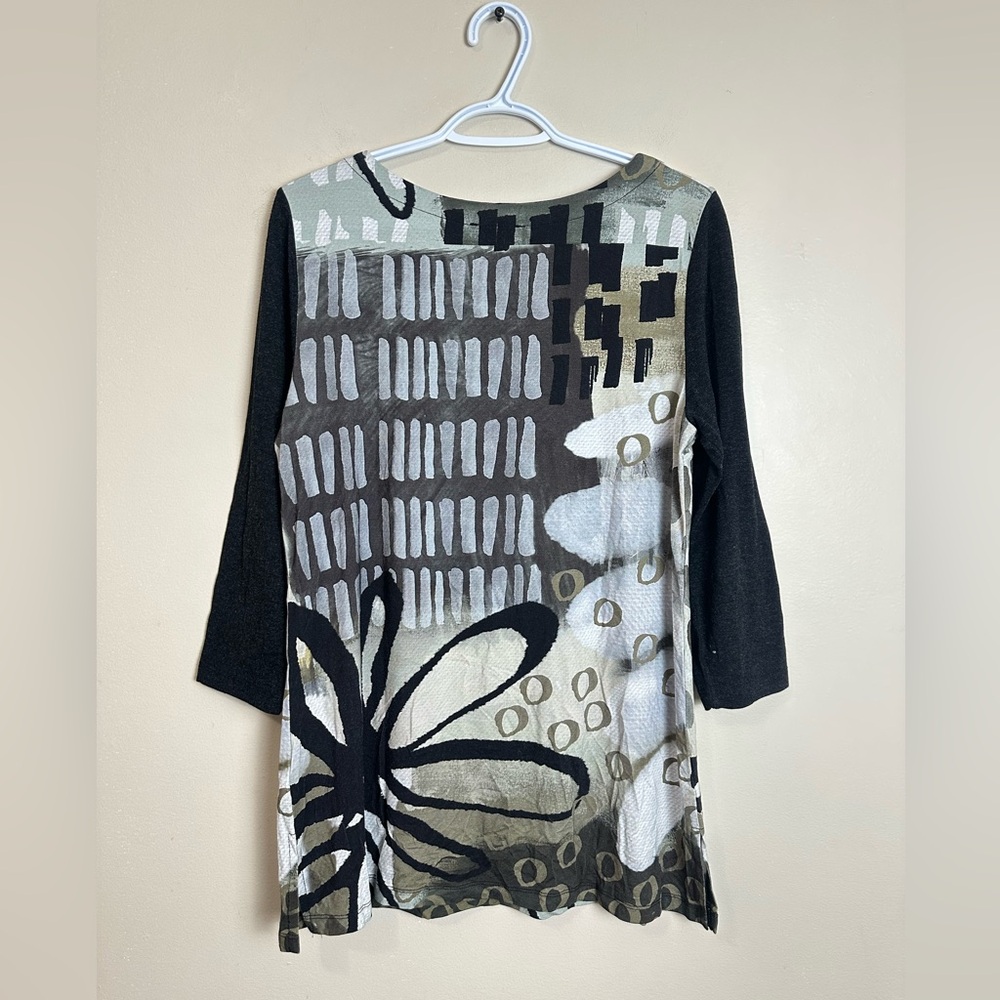Dolcezza Abstract Tunic Top Black Olive Green Stretch Long Sleeve Women’s Size M - Picture 5 of 5